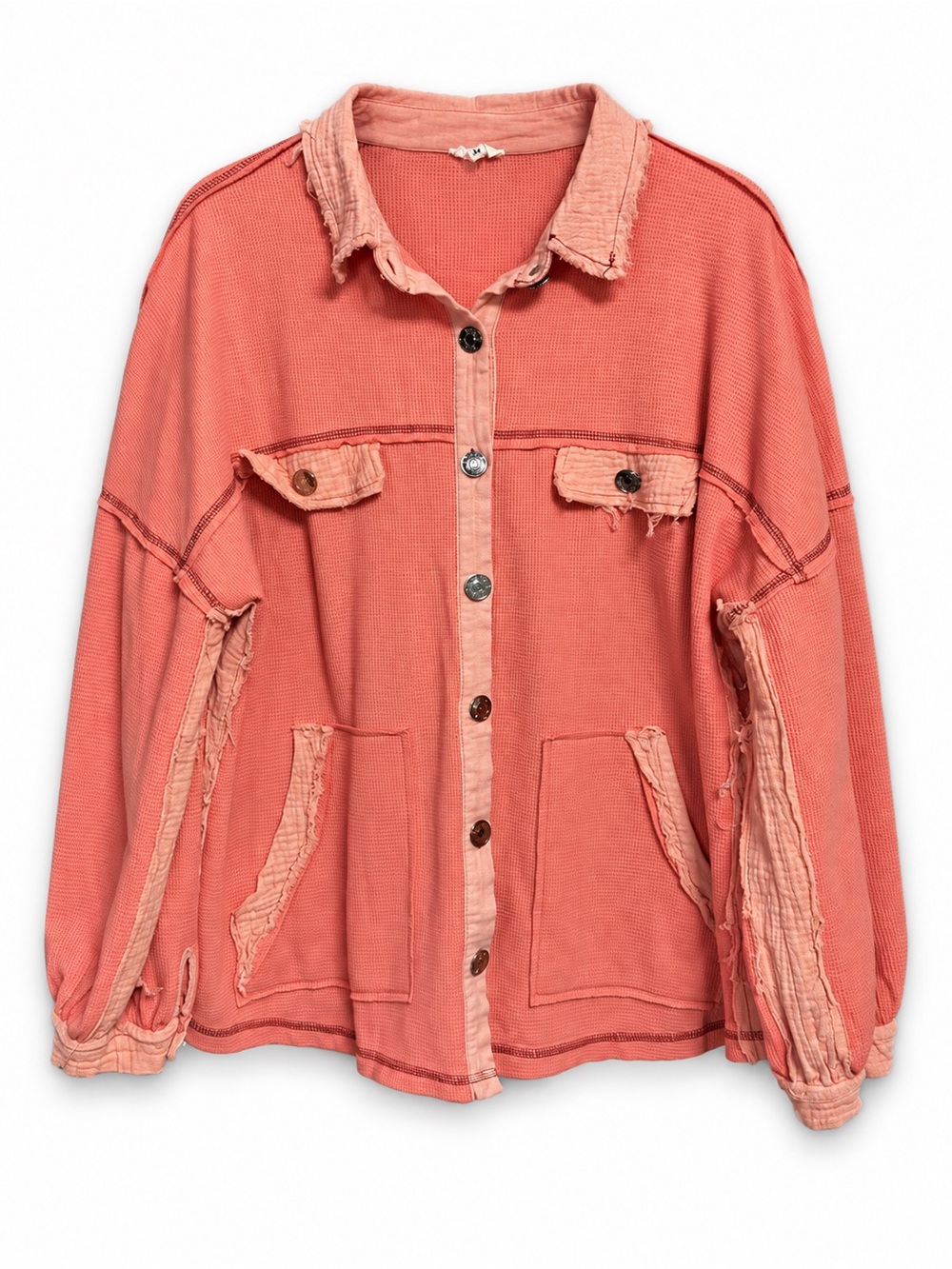 POL Coral Waffle Knit Oversized Button-Down Shacket Medium Boho Raw Edge - Picture 2 of 6